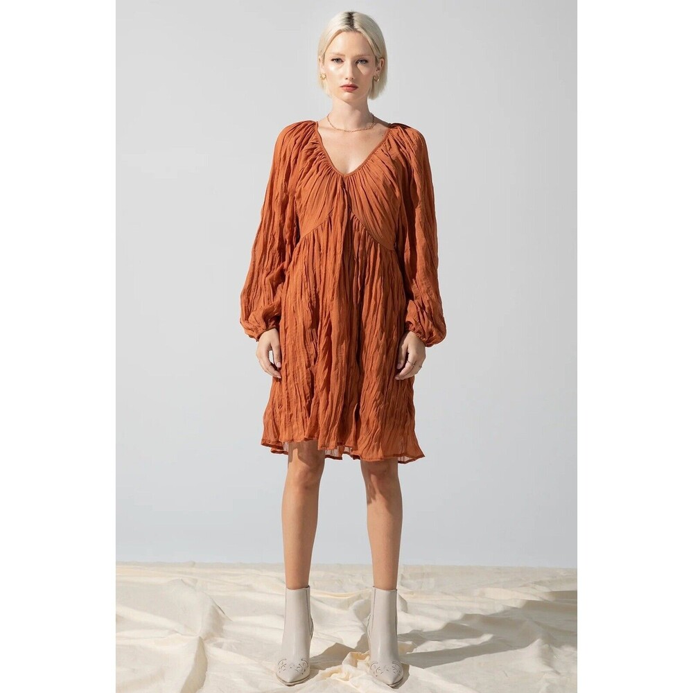 Miss Me Pleated Woven Long Sleeve V-neck Dress In Burnt Orange L
